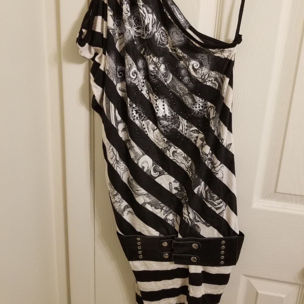 Black and cream striped one-shoulder dress